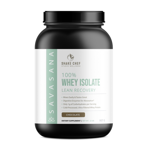 Shake Chef Whey Isolate Lean Recovery Protein Chocolate. Black plastic bin 2 pounds. Powder with scooper.