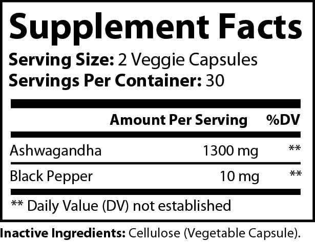 Supplement Facts Organic Ashwagandha 1300mg, Black Pepper 10mg