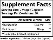 Load image into Gallery viewer, Supplement Facts Organic Ashwagandha 1300mg, Black Pepper 10mg
